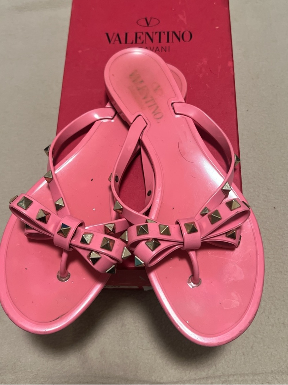 Valentino Pink Studded Bow Jelly Thong Sandals